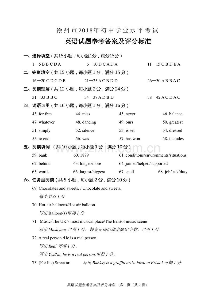 江苏省徐州市2018年中考英语真题试题答案.pdf_第1页