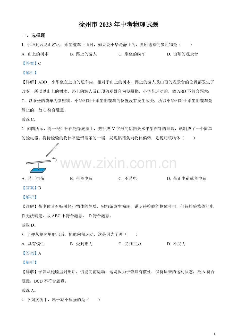 2023年江苏省徐州市中考物理试题（解析版）.docx_第1页