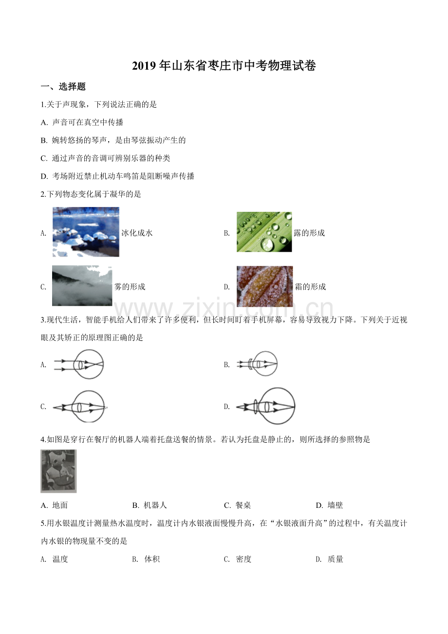 2019年山东省枣庄市中考物理试题（原卷版）.doc_第1页