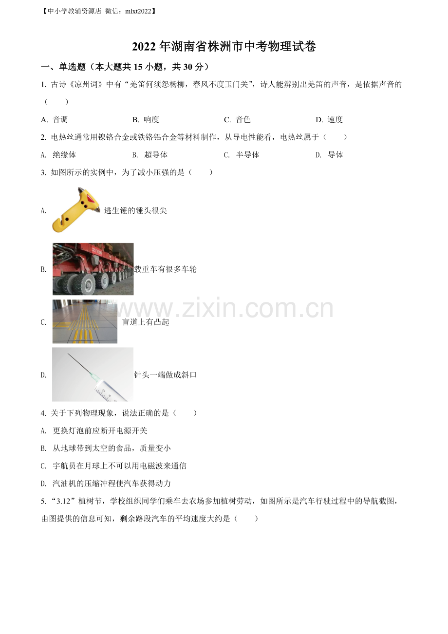 2022年湖南省株洲市中考物理试题（原卷版）.docx_第1页