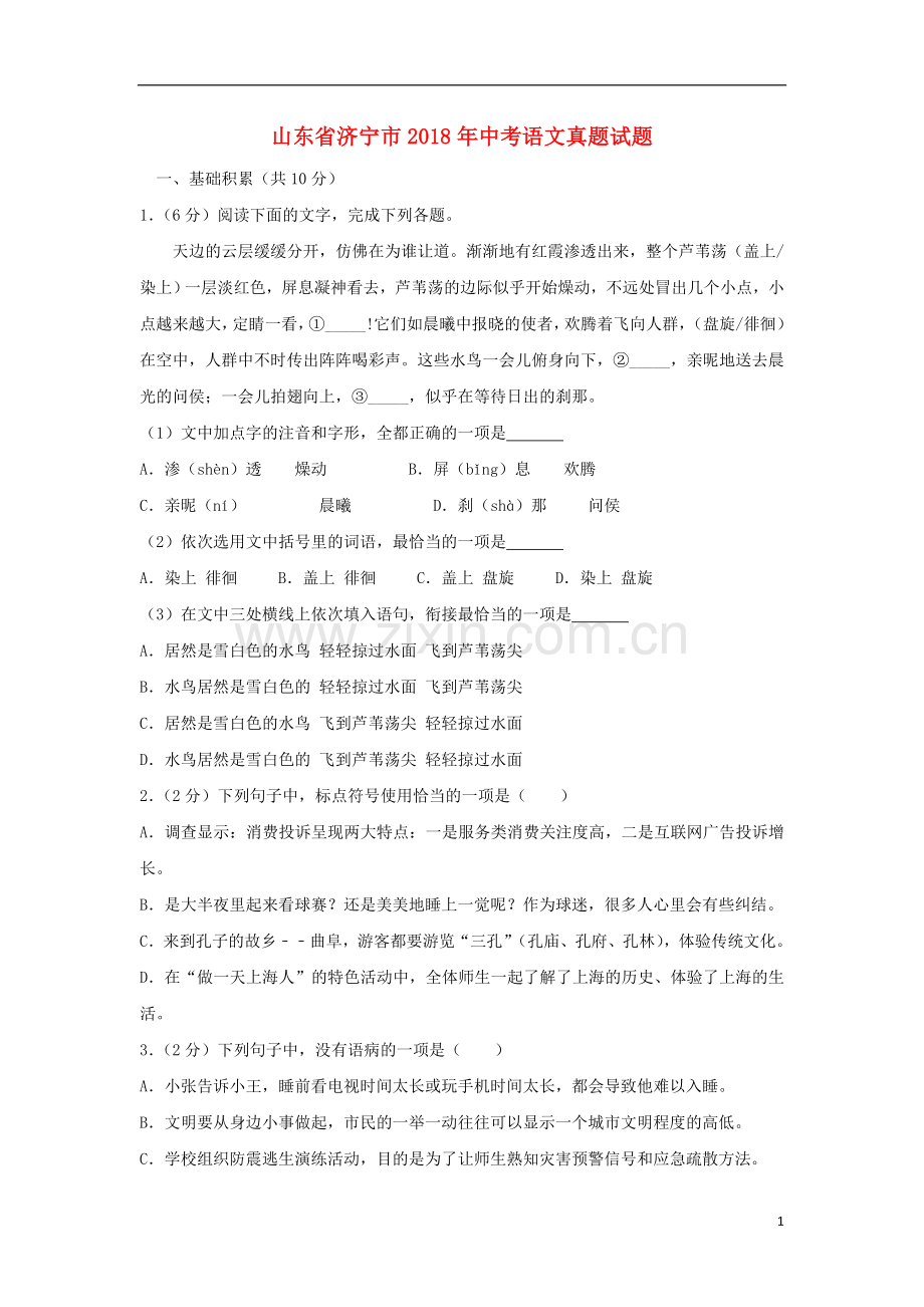 山东省济宁市2018年中考语文真题试题（含解析）.doc_第1页