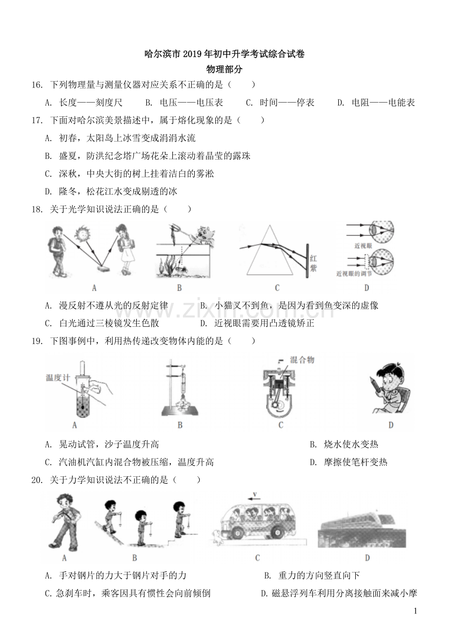 2019年黑龙江省哈尔滨市中考物理及答案.doc_第1页