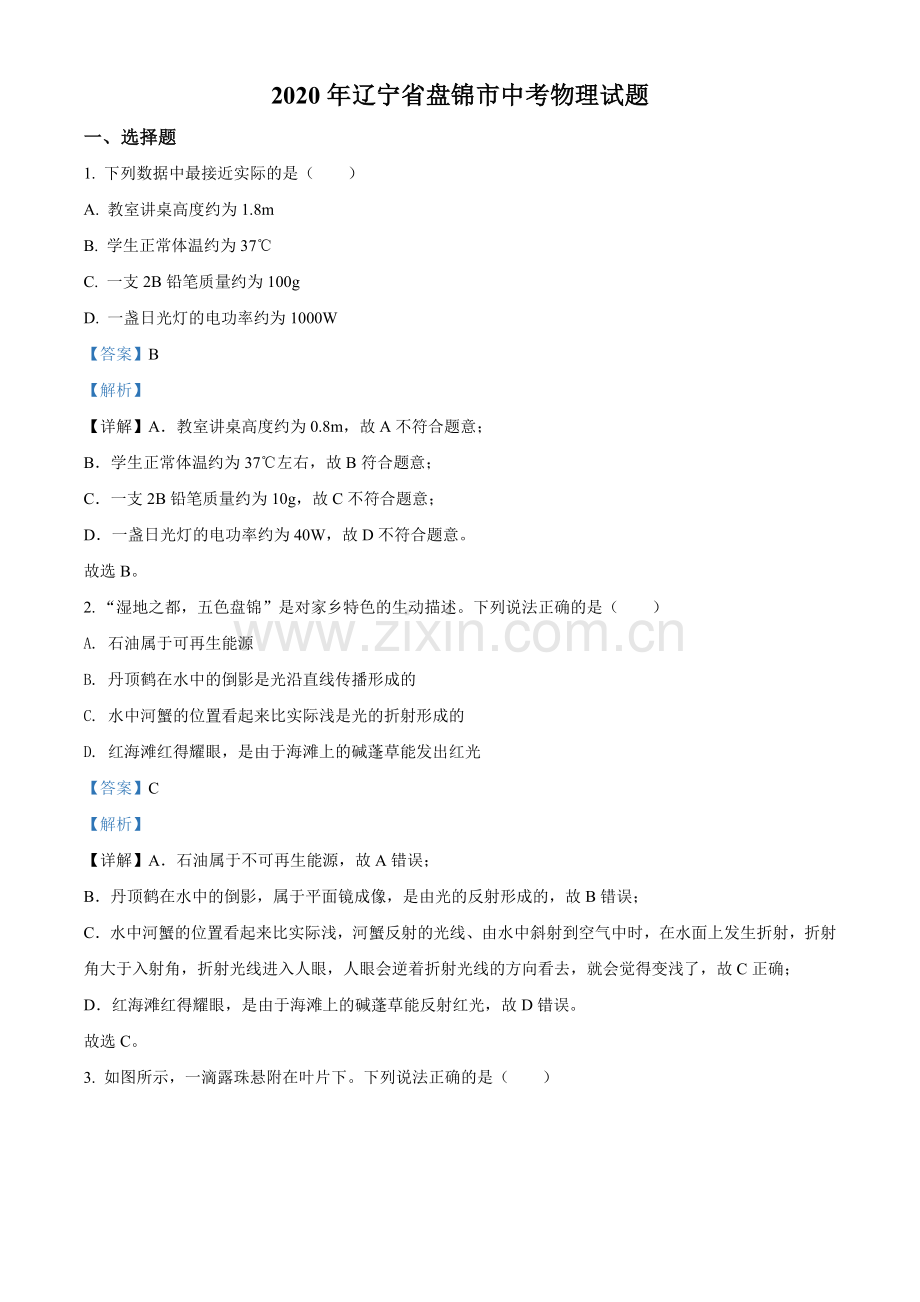 2020年辽宁省盘锦市中考物理试题（解析）.doc_第1页