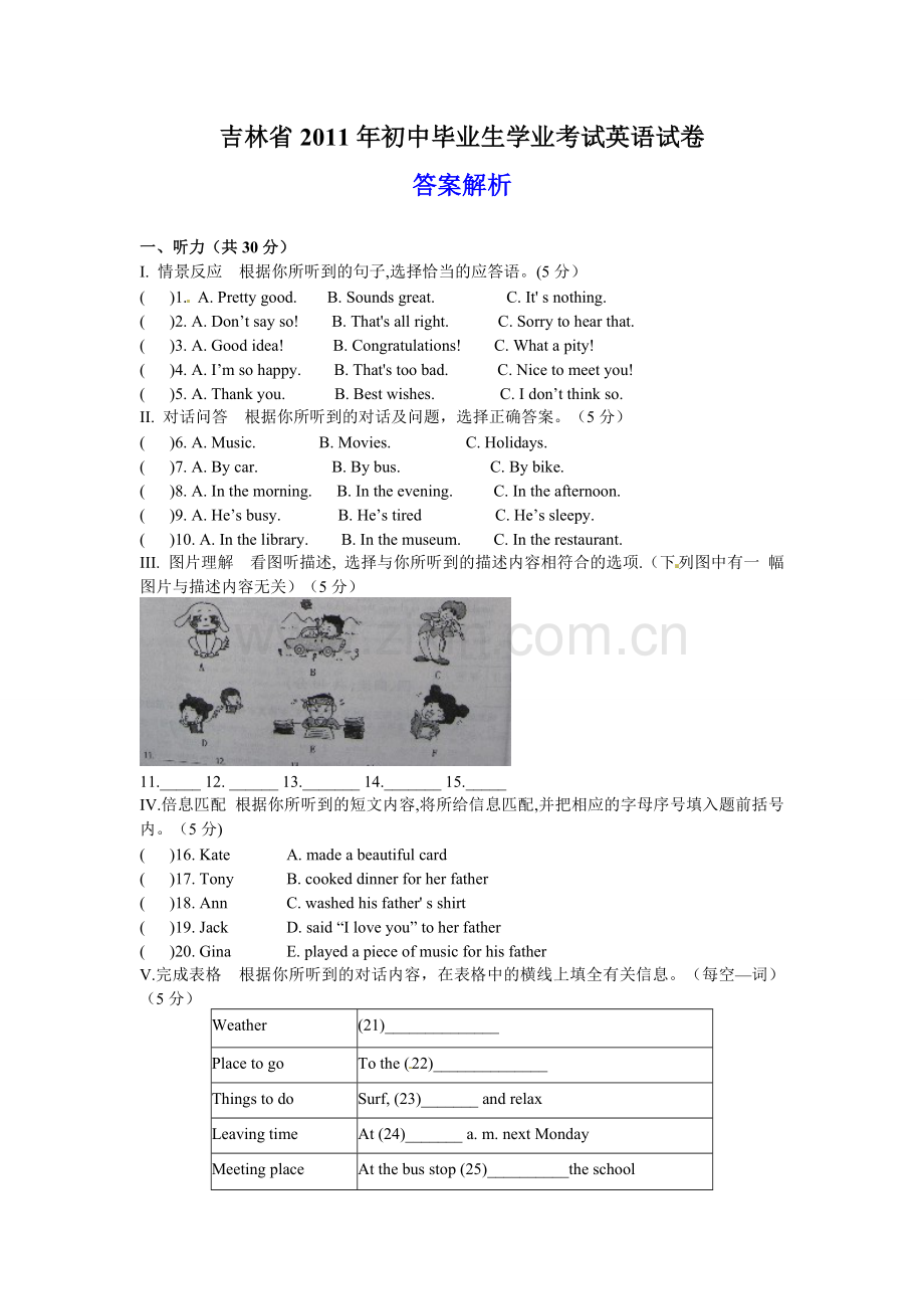 2011年吉林省中考英语试题及答案.doc_第1页