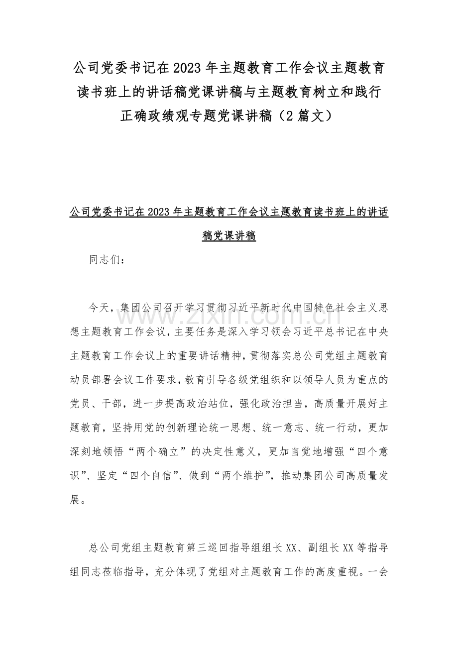 公司党委书记在2023年主题教育工作会议主题教育读书班上的讲话稿党课讲稿与主题教育树立和践行正确政绩观专题党课讲稿（2篇文）.docx_第1页