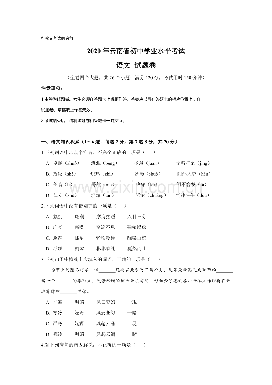 云南省2020年中考语文真题试卷（解析版）.doc_第1页