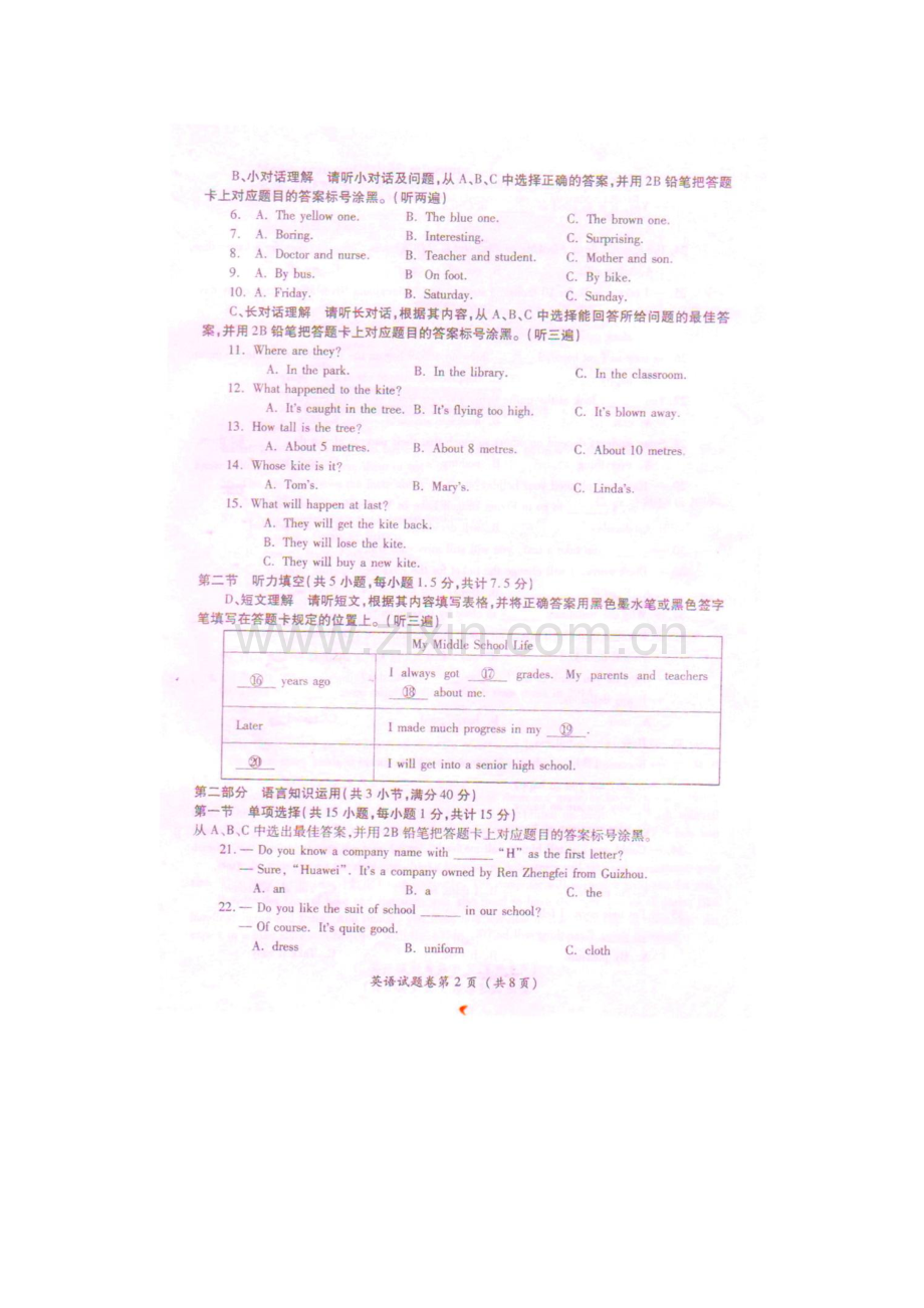 贵州省遵义市2016年中考英语真题试题（pdf含答案）.pdf_第2页