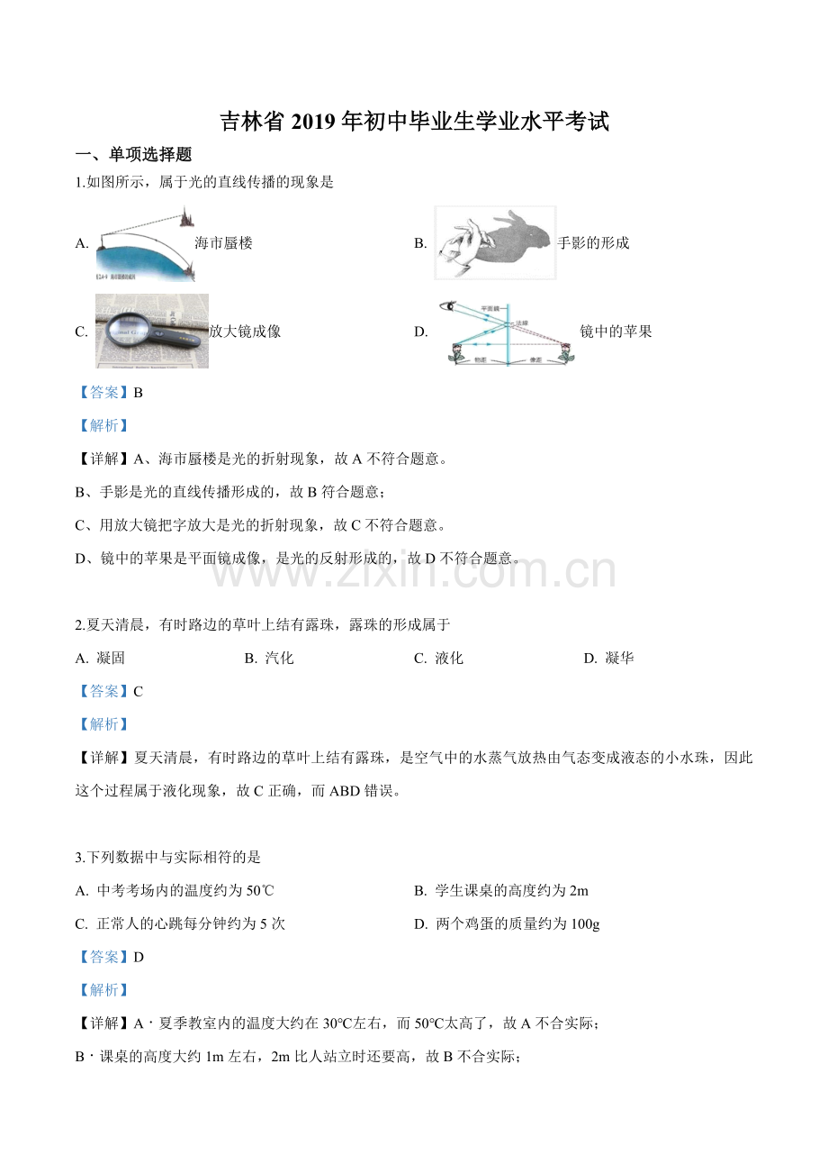 2019年吉林省中考物理试题（解析版）.doc_第1页