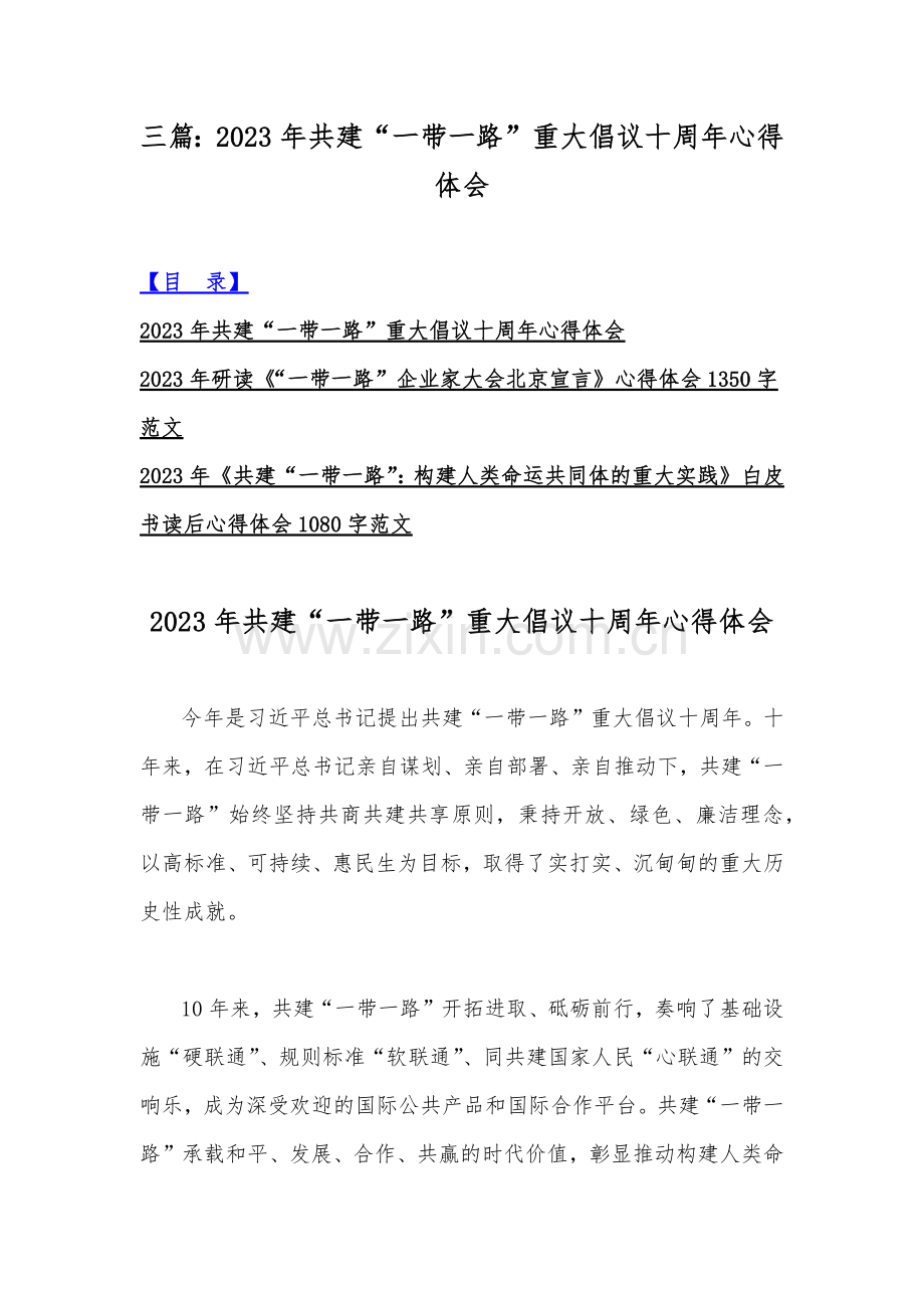 三篇：2023年共建“一带一路”重大倡议十周年心得体会.docx_第1页