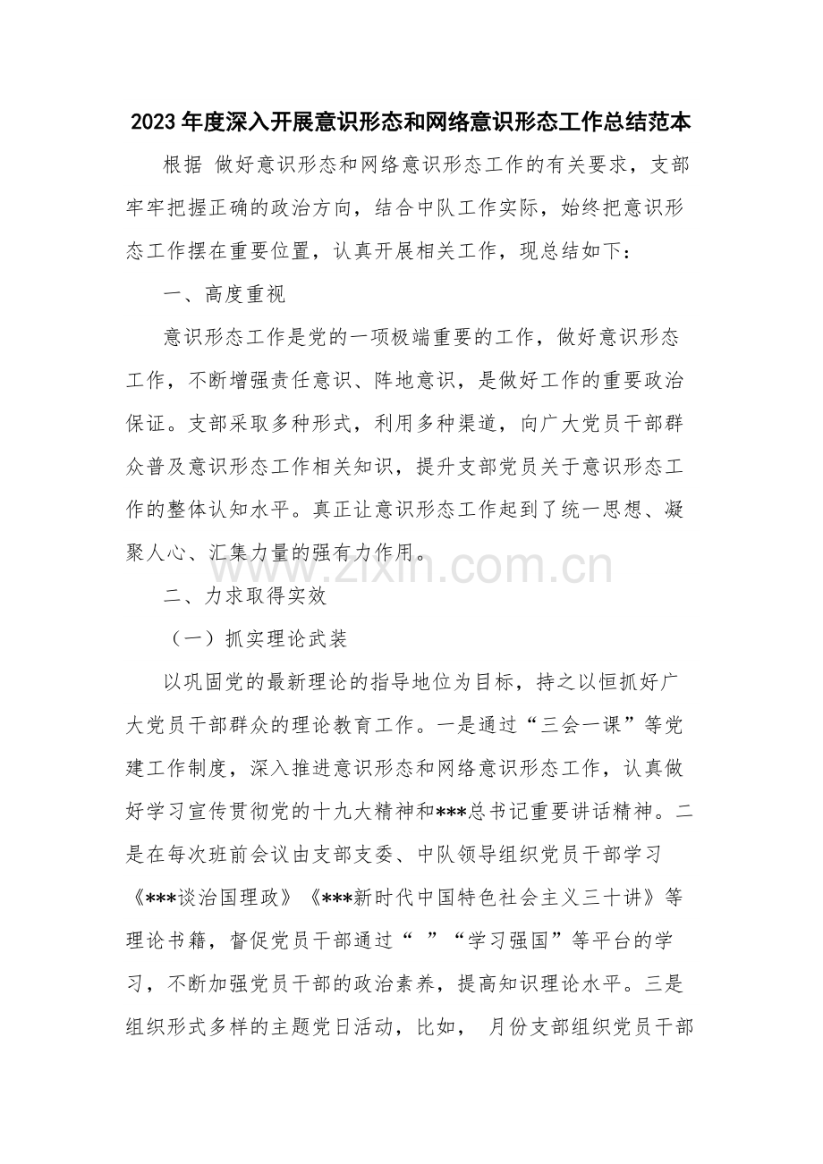 2023年度深入开展意识形态和网络意识形态工作总结范本.docx_第1页