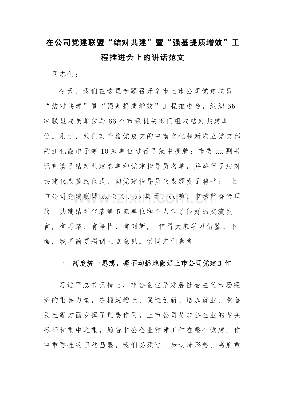 在公司党建联盟“结对共建”暨“强基提质增效”工程推进会上的讲话范文.docx_第1页