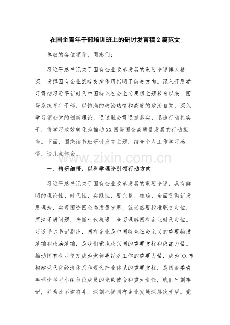 在国企青年干部培训班上的研讨发言稿2篇范文.docx_第1页