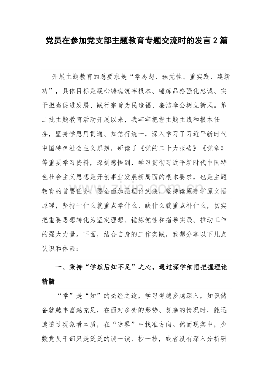 党员在参加党支部主题教育专题交流时的发言2篇.docx_第1页