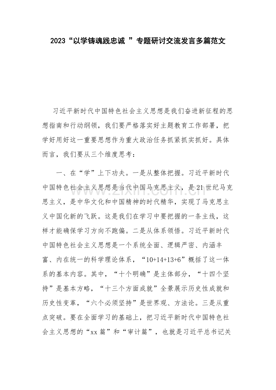 2023“以学铸魂践忠诚 ”专题研讨交流发言多篇范文.docx_第1页