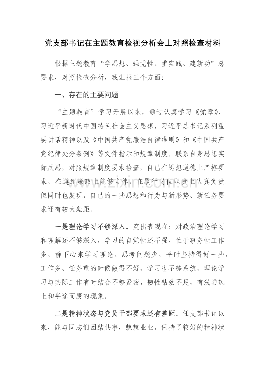 党支部书记在主题教育检视分析会上对照检查材料参考范文.docx_第1页