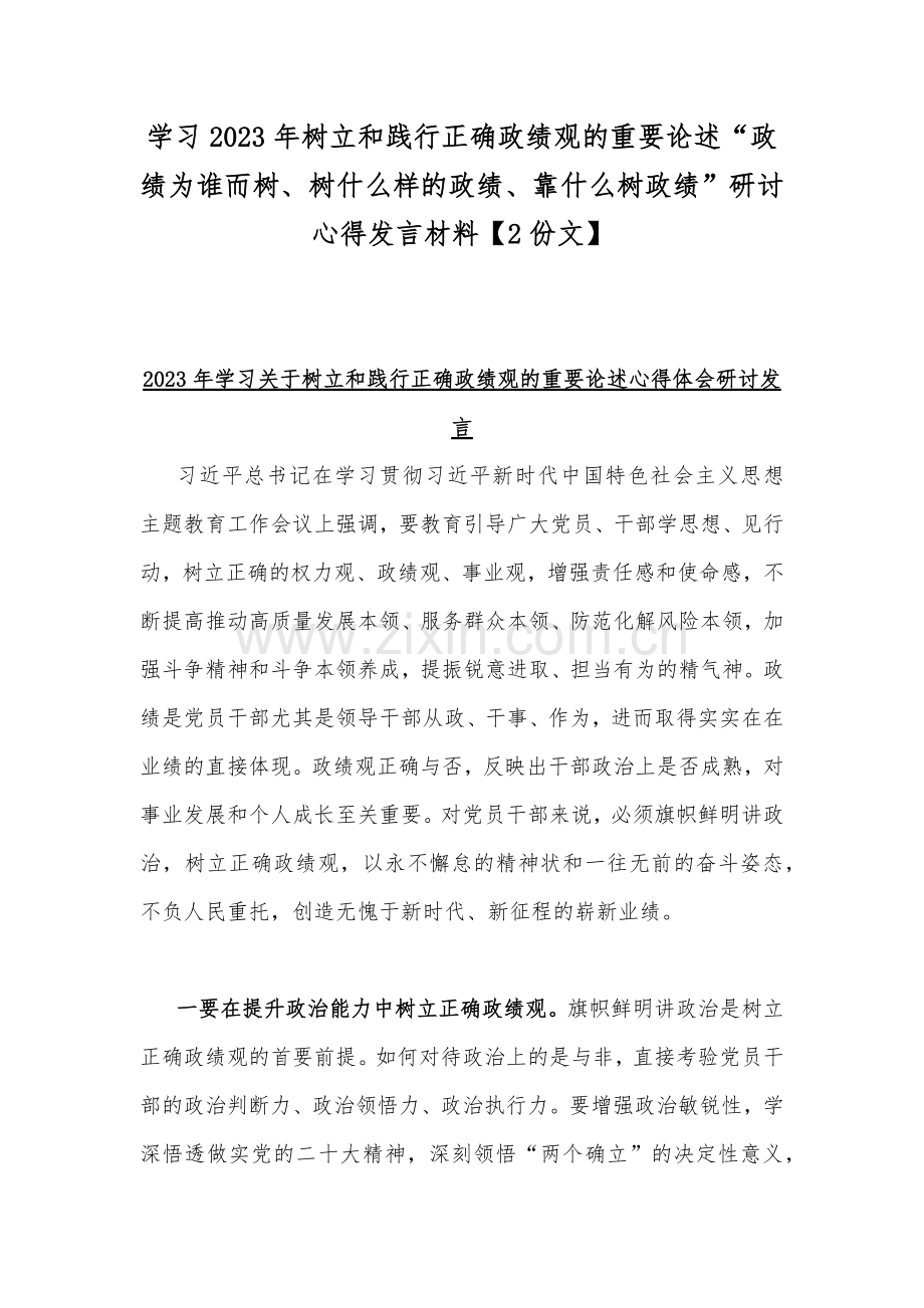 学习2023年树立和践行正确政绩观的重要论述“政绩为谁而树、树什么样的政绩、靠什么树政绩”研讨心得发言材料【2份文】.docx_第1页