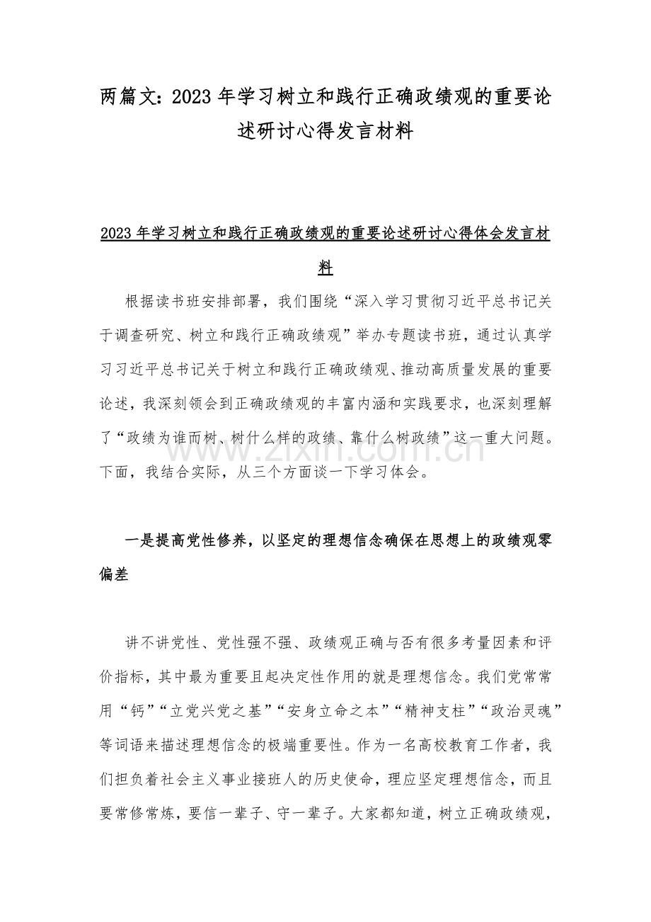 两篇文：2023年学习树立和践行正确政绩观的重要论述研讨心得发言材料.docx_第1页