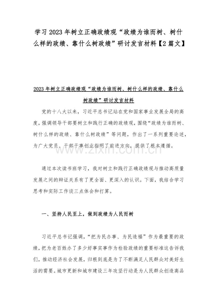 学习2023年树立正确政绩观“政绩为谁而树、树什么样的政绩、靠什么树政绩”研讨发言材料【2篇文】.docx_第1页