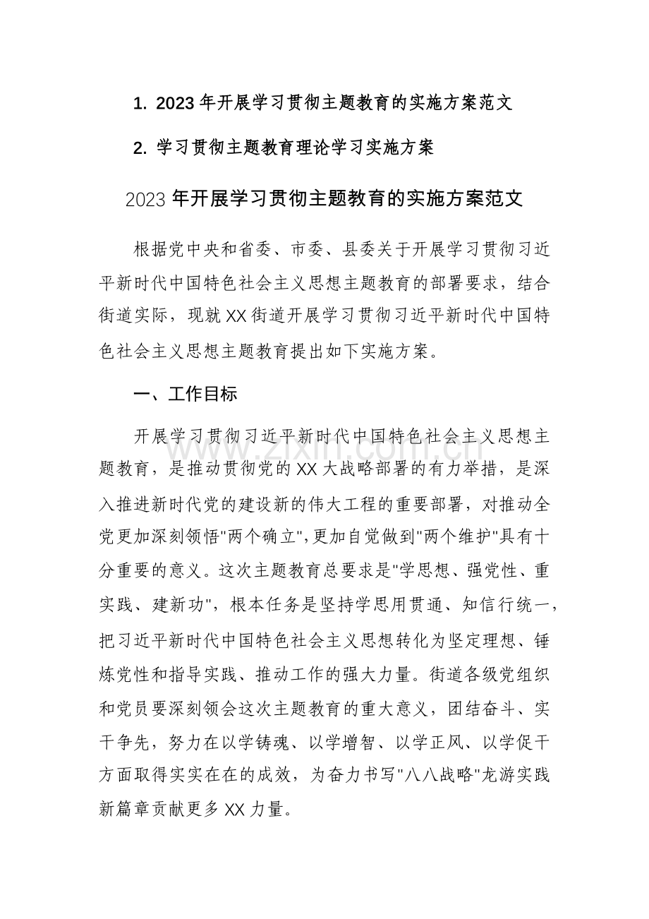 2023年开展学习贯彻主题教育及理论学习实施方案范文2篇.docx_第1页