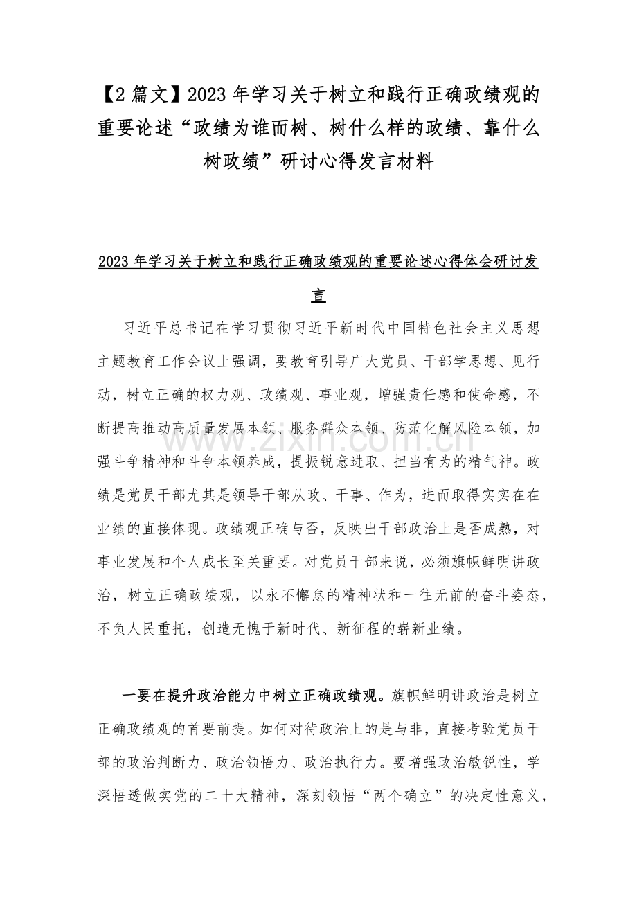 【2篇文】2023年学习关于树立和践行正确政绩观的重要论述“政绩为谁而树、树什么样的政绩、靠什么树政绩”研讨心得发言材料.docx_第1页