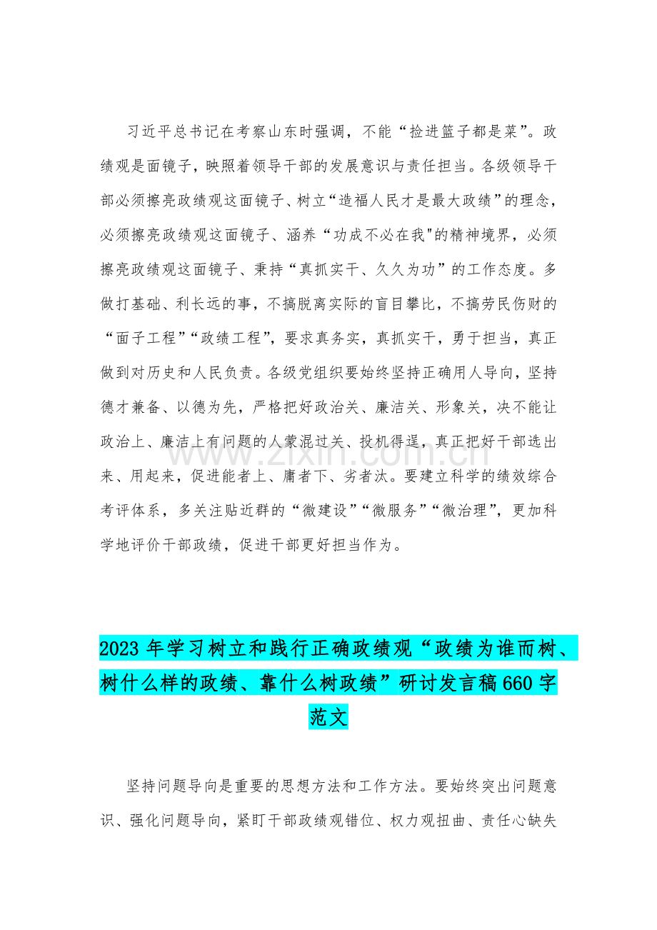 2023年树立正确政绩观重要论述“政绩为谁而树、树什么样的政绩、靠什么树政绩”研讨心得发言材料2篇文.docx_第3页