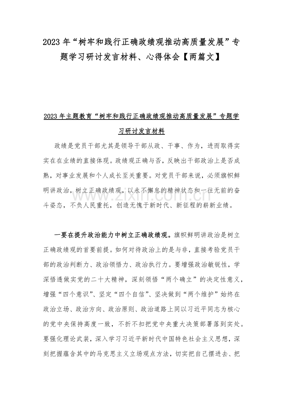 2023年“树牢和践行正确政绩观推动高质量发展”专题学习研讨发言材料、心得体会【两篇文】.docx_第1页