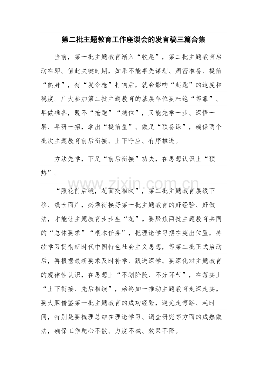 第二批主题教育工作座谈会的发言稿三篇合集.docx_第1页