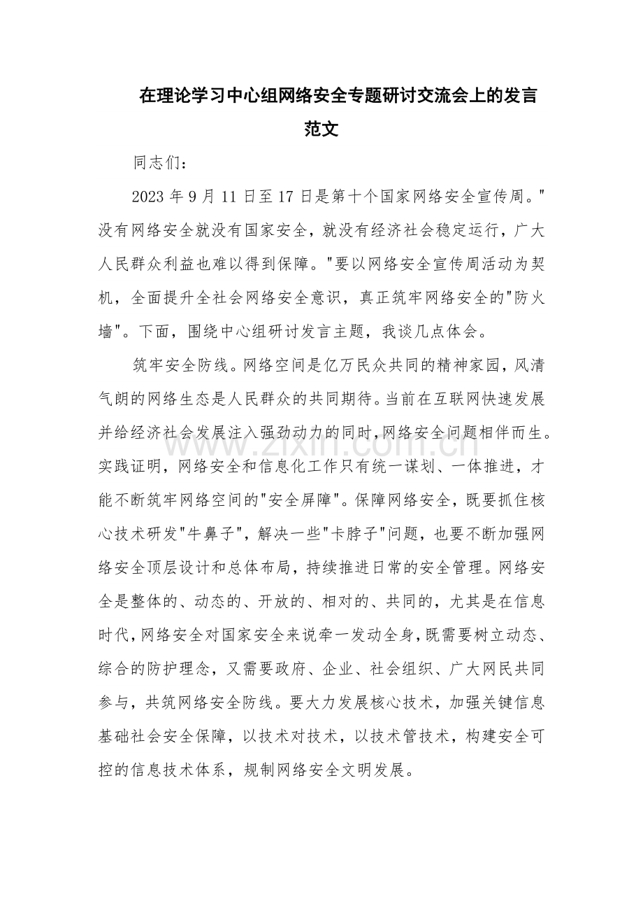 在理论学习中心组网络安全专题研讨交流会上的发言范文.docx_第1页