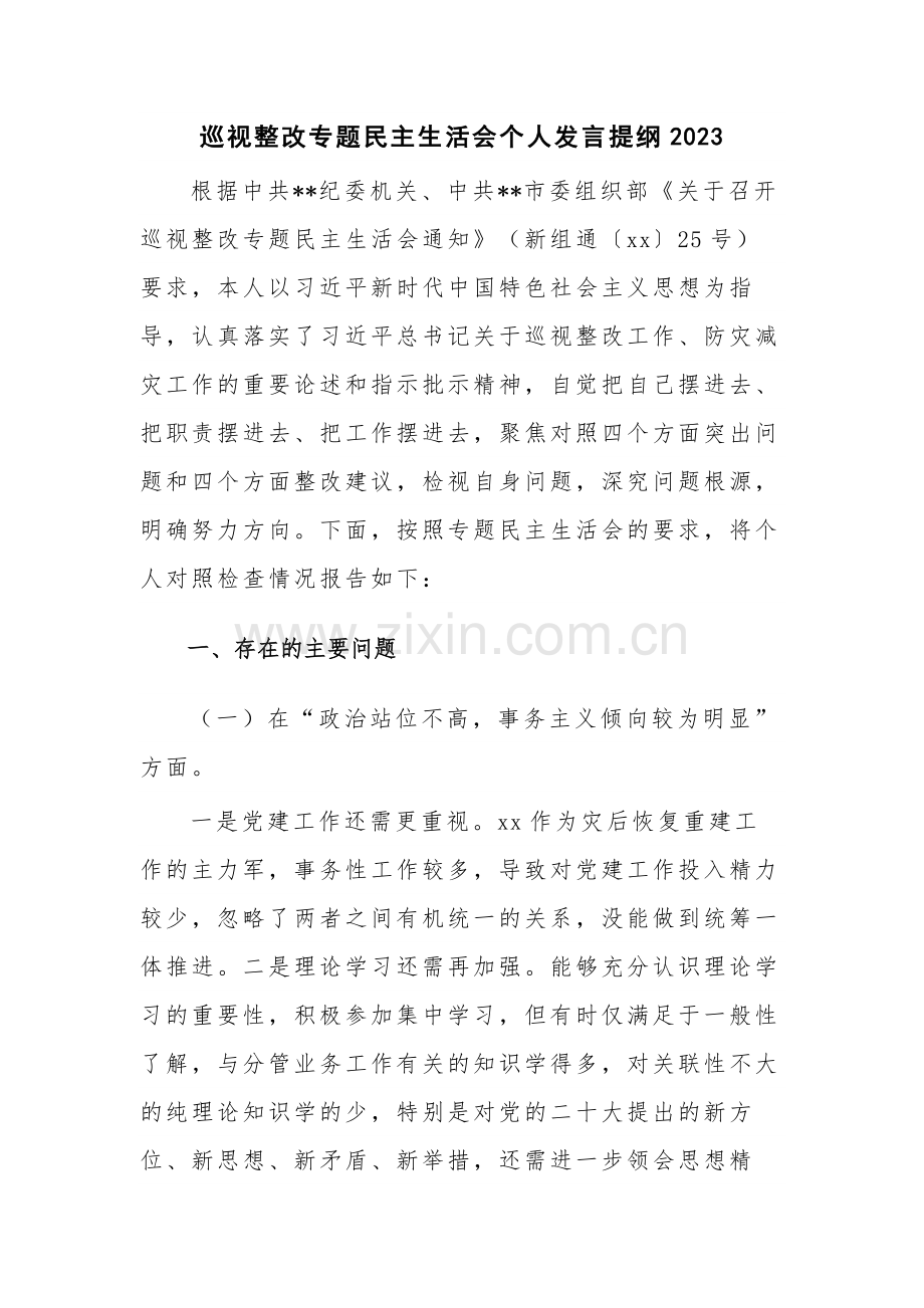 巡视整改专题民主生活会个人发言提纲2023.docx_第1页