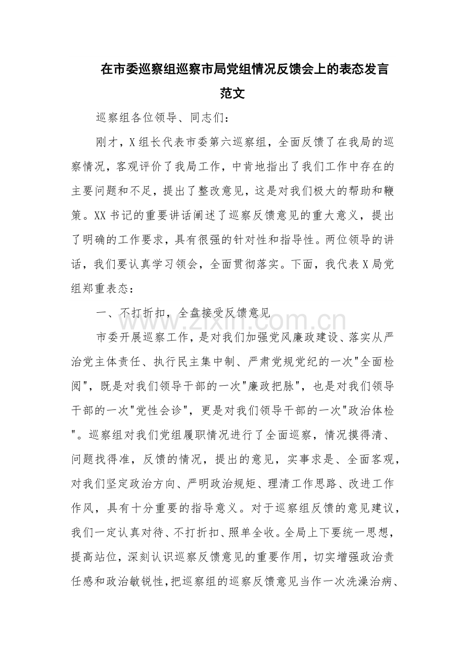 在市委巡察组巡察市局党组情况反馈会上的表态发言范文.docx_第1页