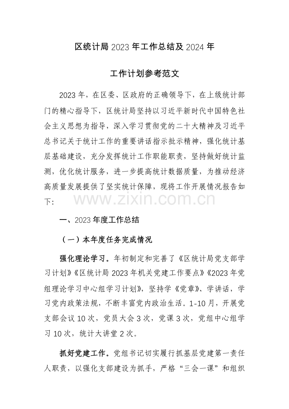 区统计局2023年工作总结及2024年工作计划参考范文.docx_第1页