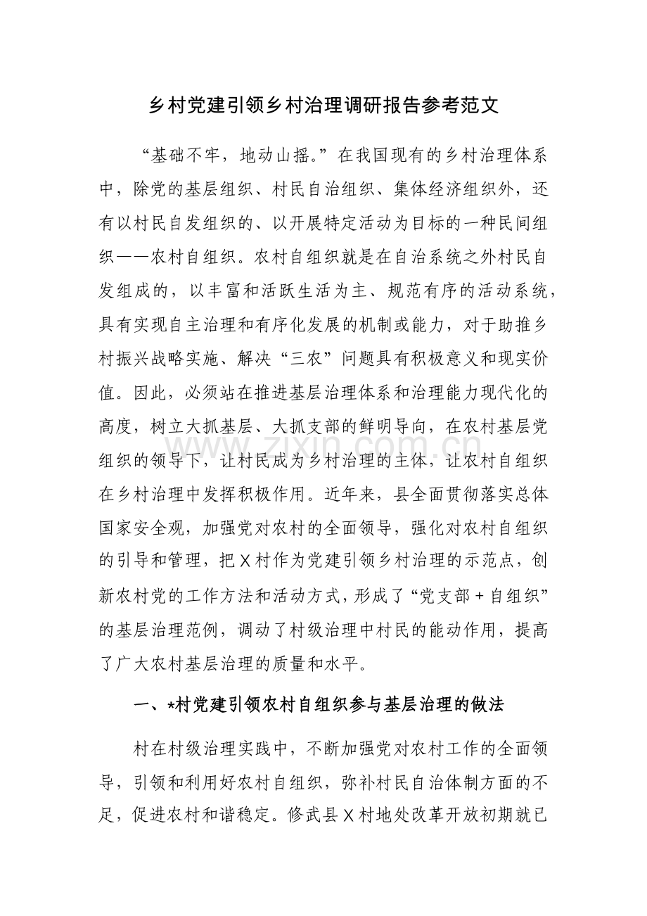 乡村党建引领乡村治理调研报告参考范文.docx_第1页