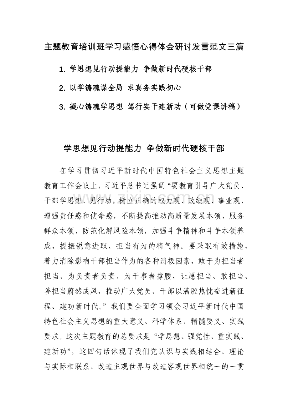 主题教育培训班学习感悟心得体会研讨发言范文三篇.docx_第1页