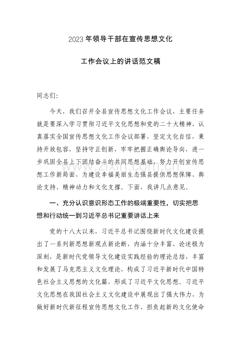 2023年领导干部在宣传思想文化工作会议上的讲话范文稿.docx_第1页