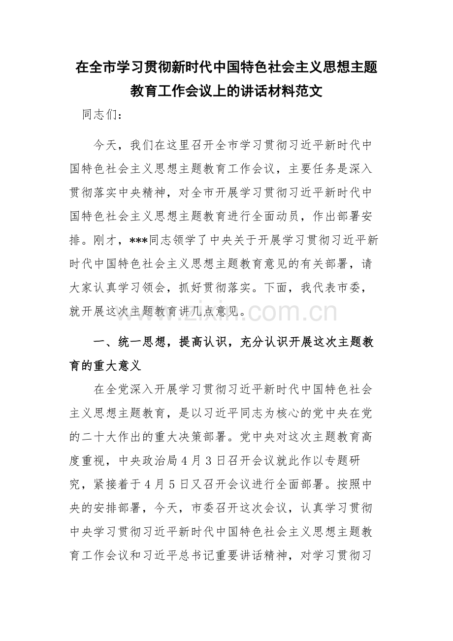 在全市学习贯彻新时代中国特色社会主义思想主题教育工作会议上的讲话材料范文.docx_第1页