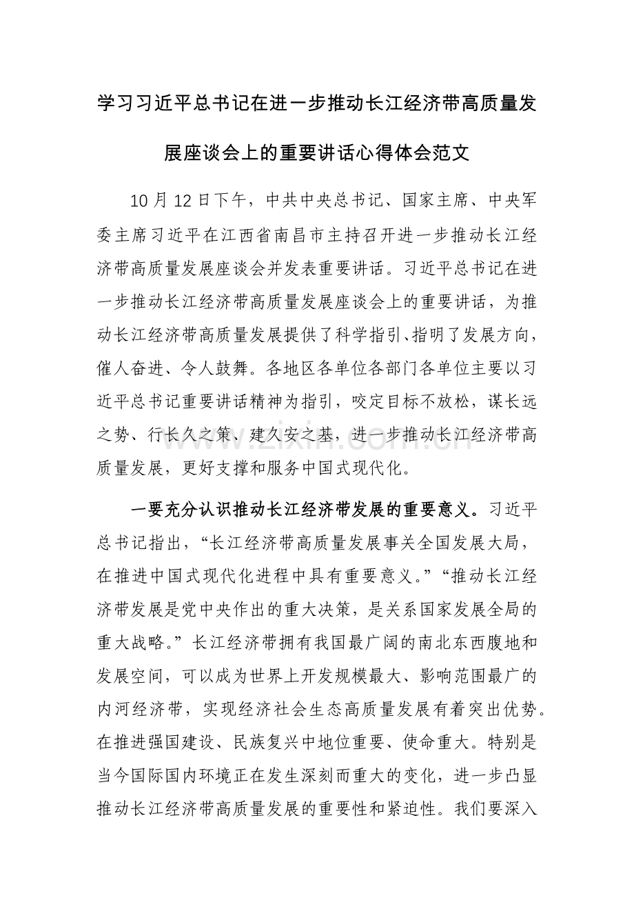 学习习近平总书记在进一步推动长江经济带高质量发展座谈会上的重要讲话心得体会范文.docx_第1页