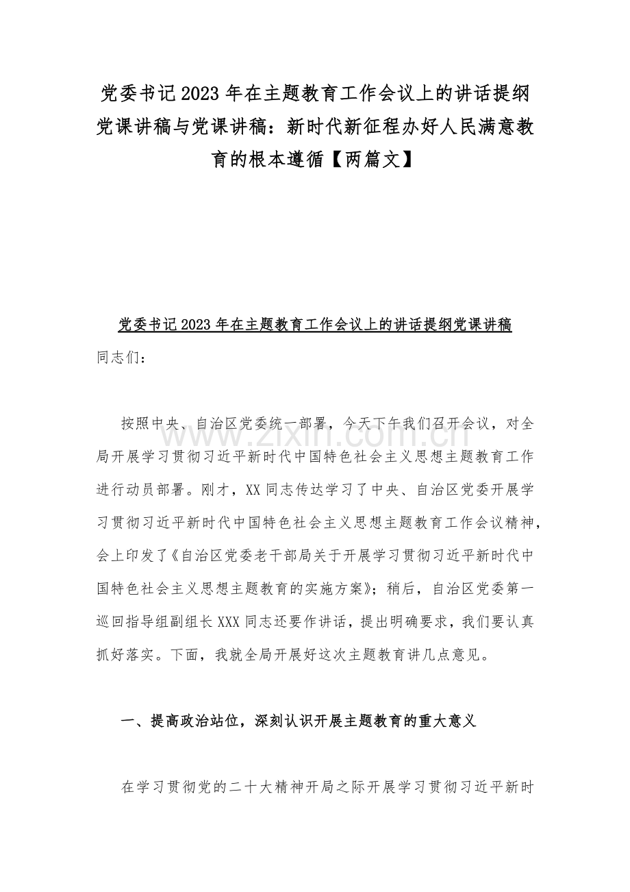 党委书记2023年在主题教育工作会议上的讲话提纲党课讲稿与党课讲稿：新时代新征程办好人民满意教育的根本遵循【两篇文】.docx_第1页