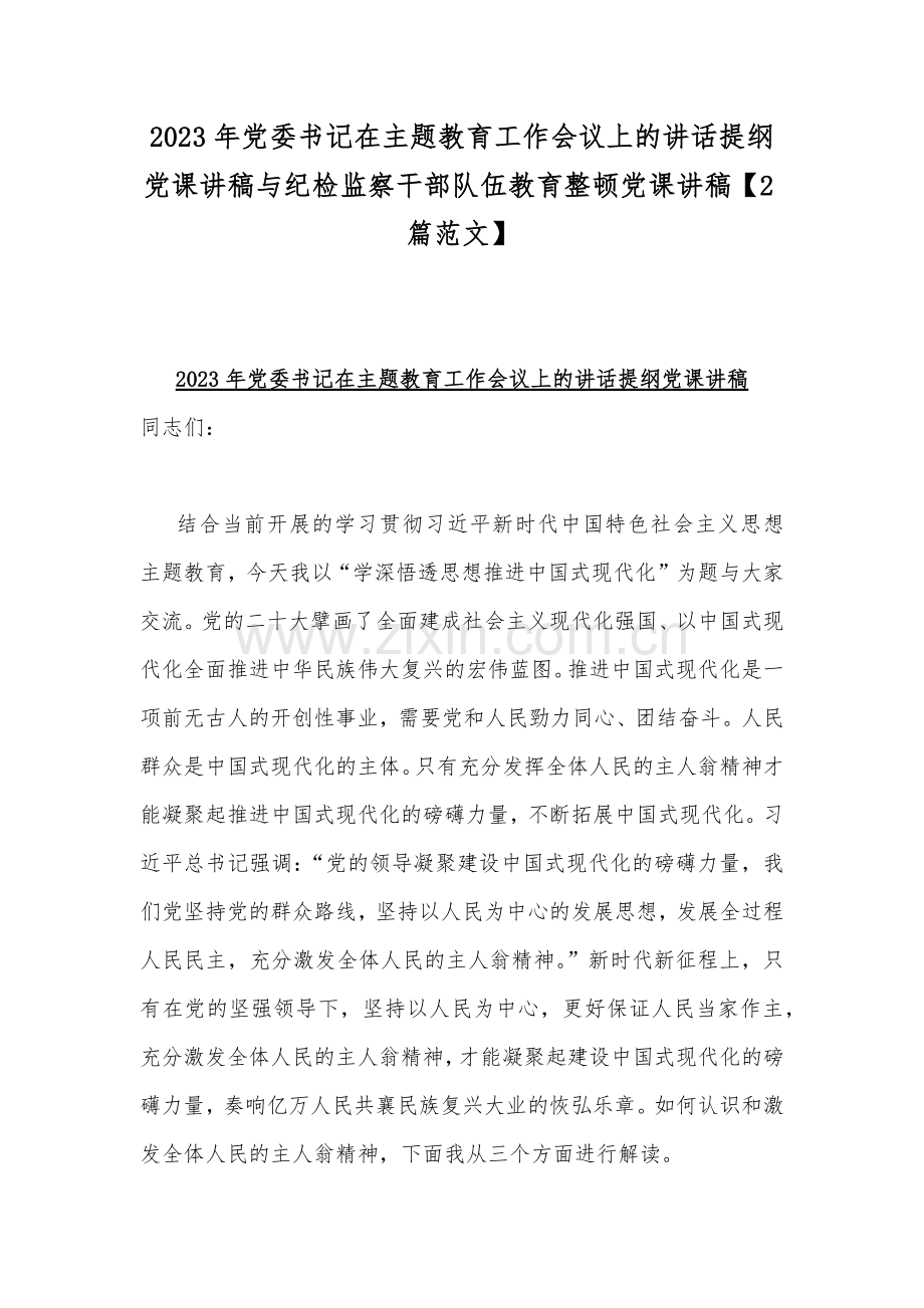 2023年党委书记在主题教育工作会议上的讲话提纲党课讲稿与纪检监察干部队伍教育整顿党课讲稿【2篇范文】.docx_第1页