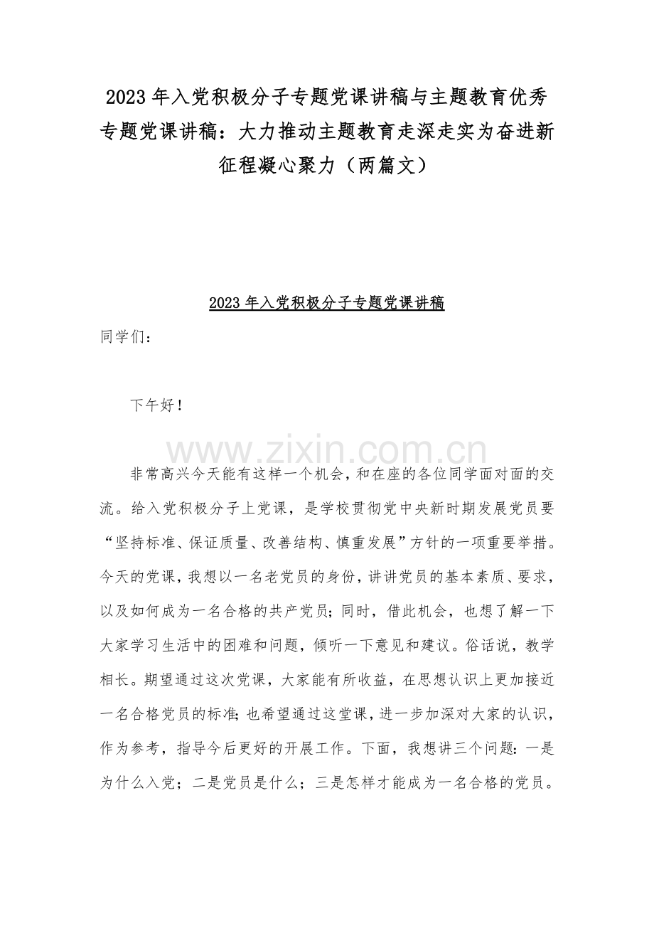 2023年入党积极分子专题党课讲稿与主题教育优秀专题党课讲稿：大力推动主题教育走深走实为奋进新征程凝心聚力（两篇文）.docx_第1页