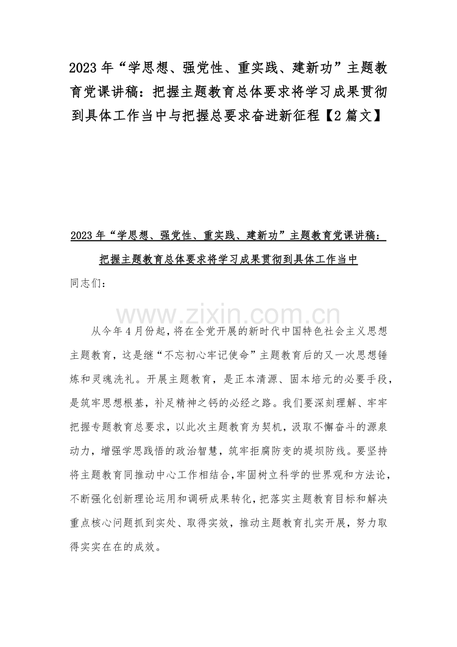 2023年“学思想、强党性、重实践、建新功”主题教育党课讲稿：把握主题教育总体要求将学习成果贯彻到具体工作当中与把握总要求奋进新征程【2篇文】.docx_第1页