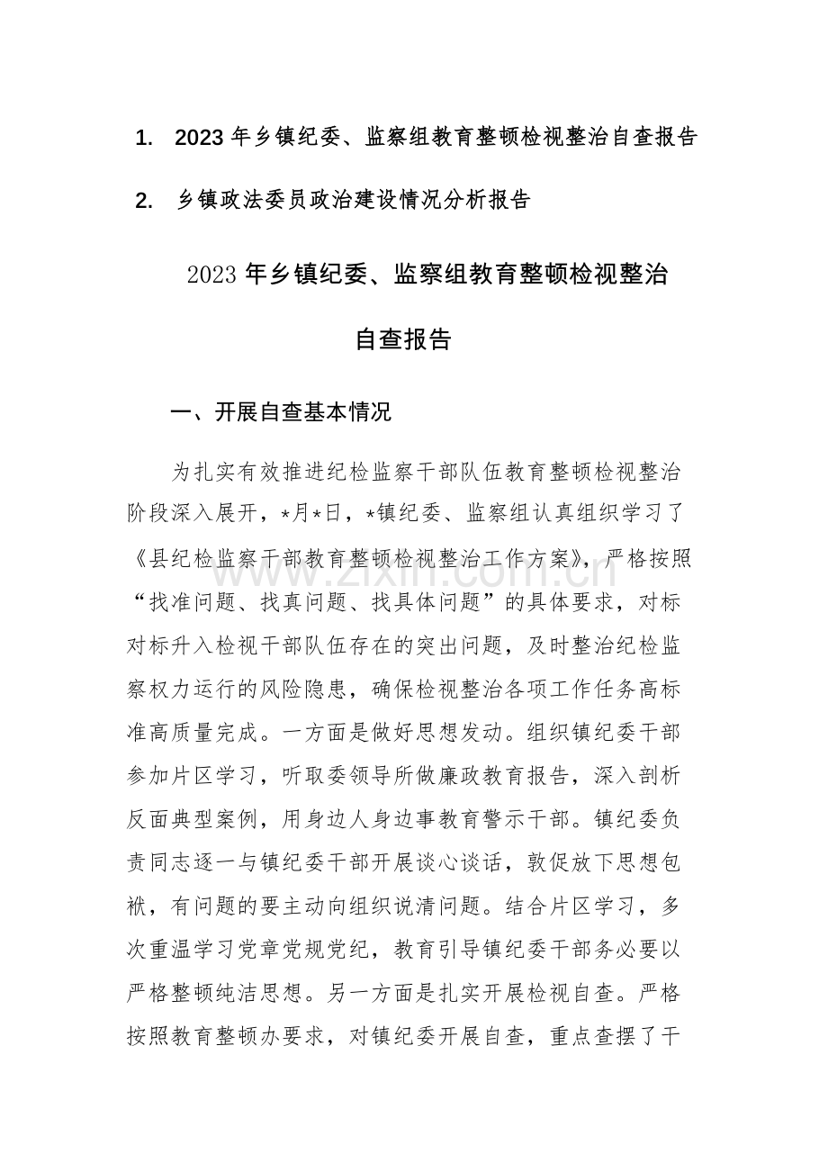 两篇：2023年乡镇纪委、监察组教育整顿检视整治自查报告和乡镇政法委员政治建设情况分析报告范文.docx_第1页