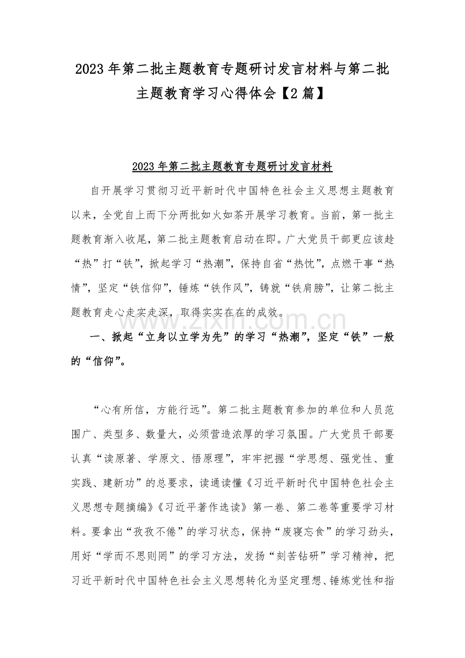 2023年第二批主题教育专题研讨发言材料与第二批主题教育学习心得体会【2篇】.docx_第1页