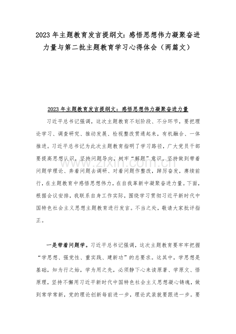 2023年主题教育发言提纲文：感悟思想伟力凝聚奋进力量与第二批主题教育学习心得体会（两篇文）.docx_第1页