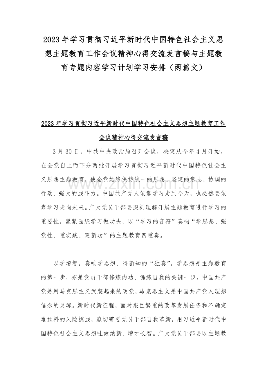 2023年学习贯彻习近平新时代中国特色社会主义思想主题教育工作会议精神心得交流发言稿与主题教育专题内容学习计划学习安排（两篇文）.docx_第1页