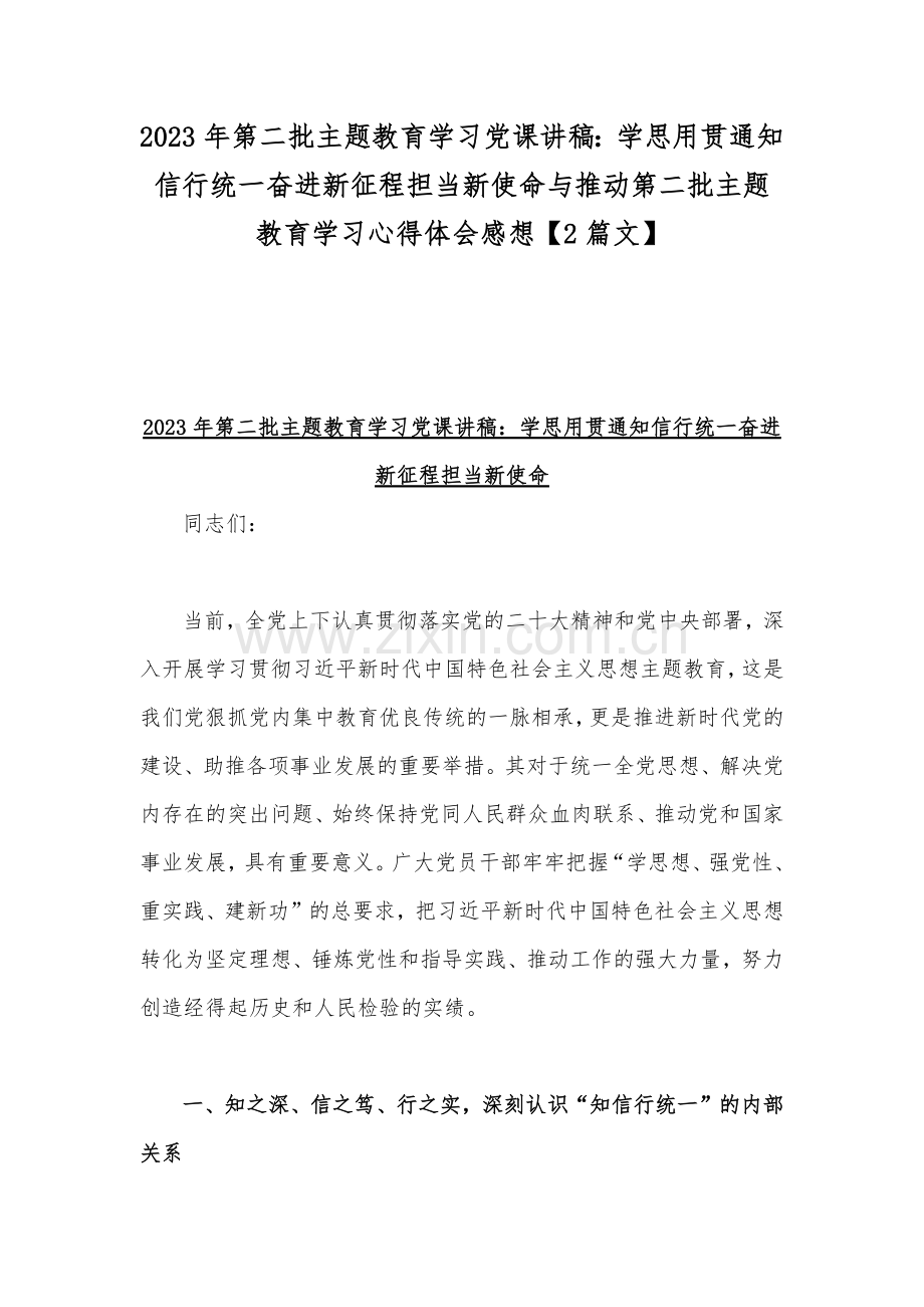 2023年第二批主题教育学习党课讲稿：学思用贯通知信行统一奋进新征程担当新使命与推动第二批主题教育学习心得体会感想【2篇文】.docx_第1页