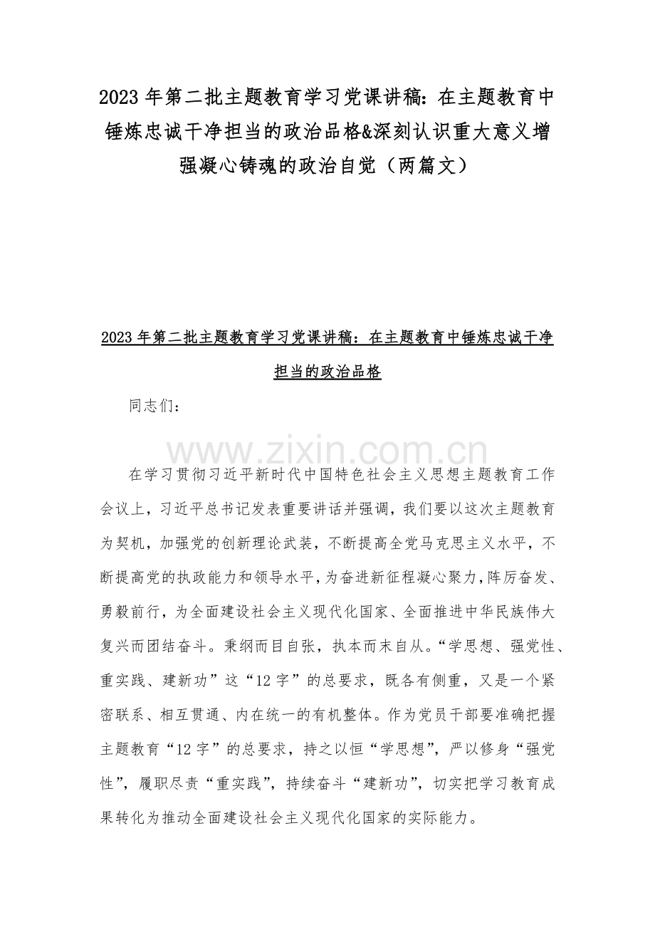 2023年第二批主题教育学习党课讲稿：在主题教育中锤炼忠诚干净担当的政治品格&深刻认识重大意义增强凝心铸魂的政治自觉（两篇文）.docx_第1页