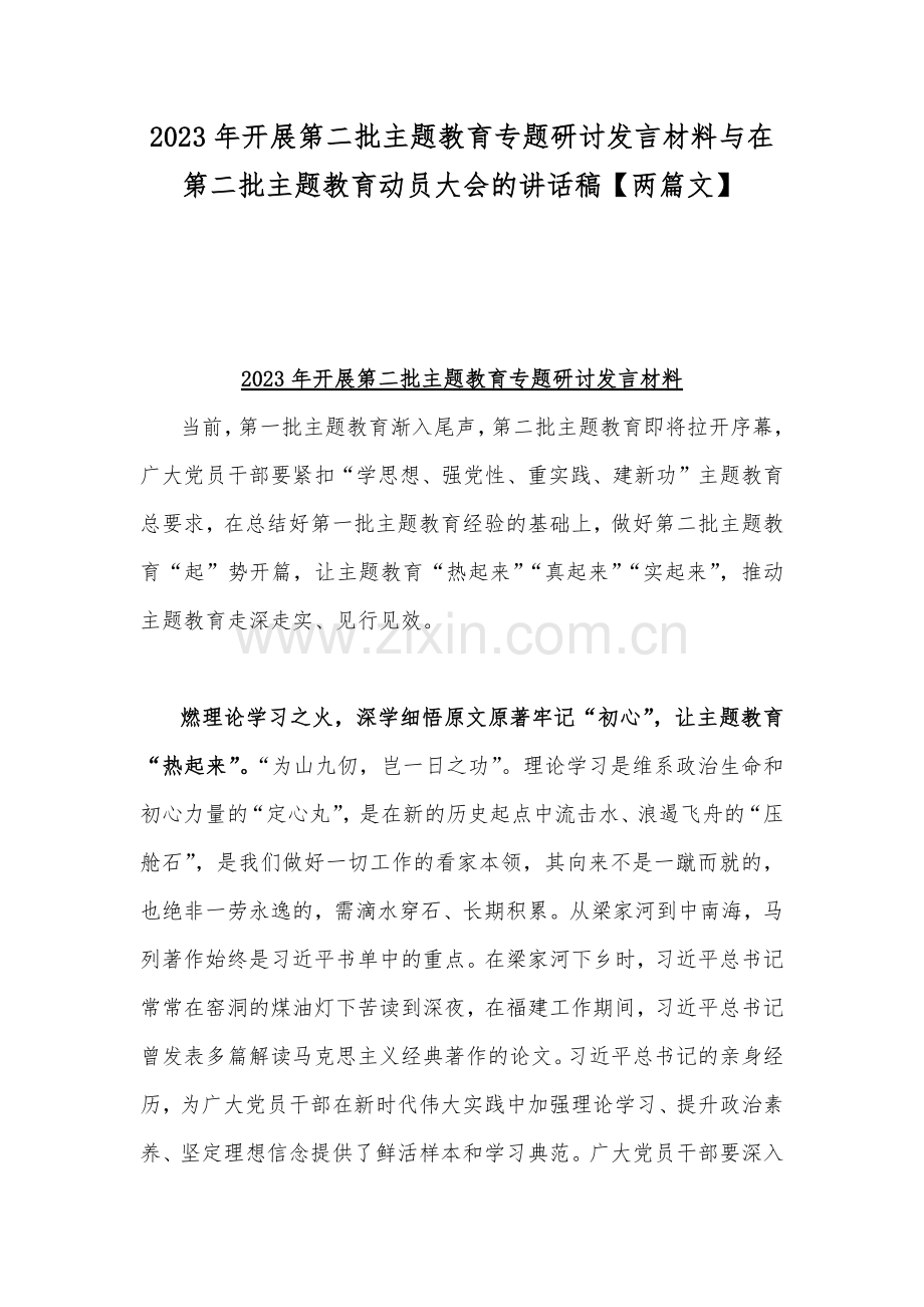 2023年开展第二批主题教育专题研讨发言材料与在第二批主题教育动员大会的讲话稿【两篇文】.docx_第1页