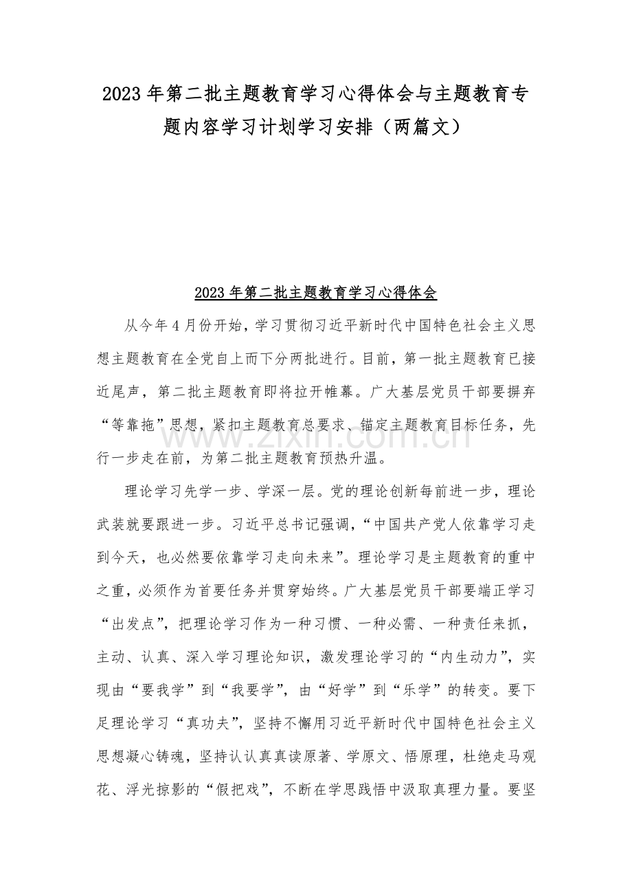 2023年第二批主题教育学习心得体会与主题教育专题内容学习计划学习安排（两篇文）.docx_第1页