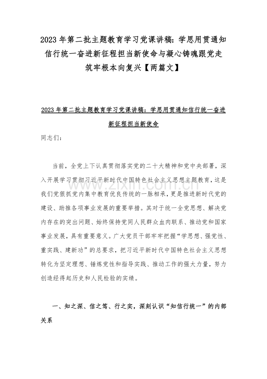 2023年第二批主题教育学习党课讲稿：学思用贯通知信行统一奋进新征程担当新使命与凝心铸魂跟党走筑牢根本向复兴【两篇文】.docx_第1页