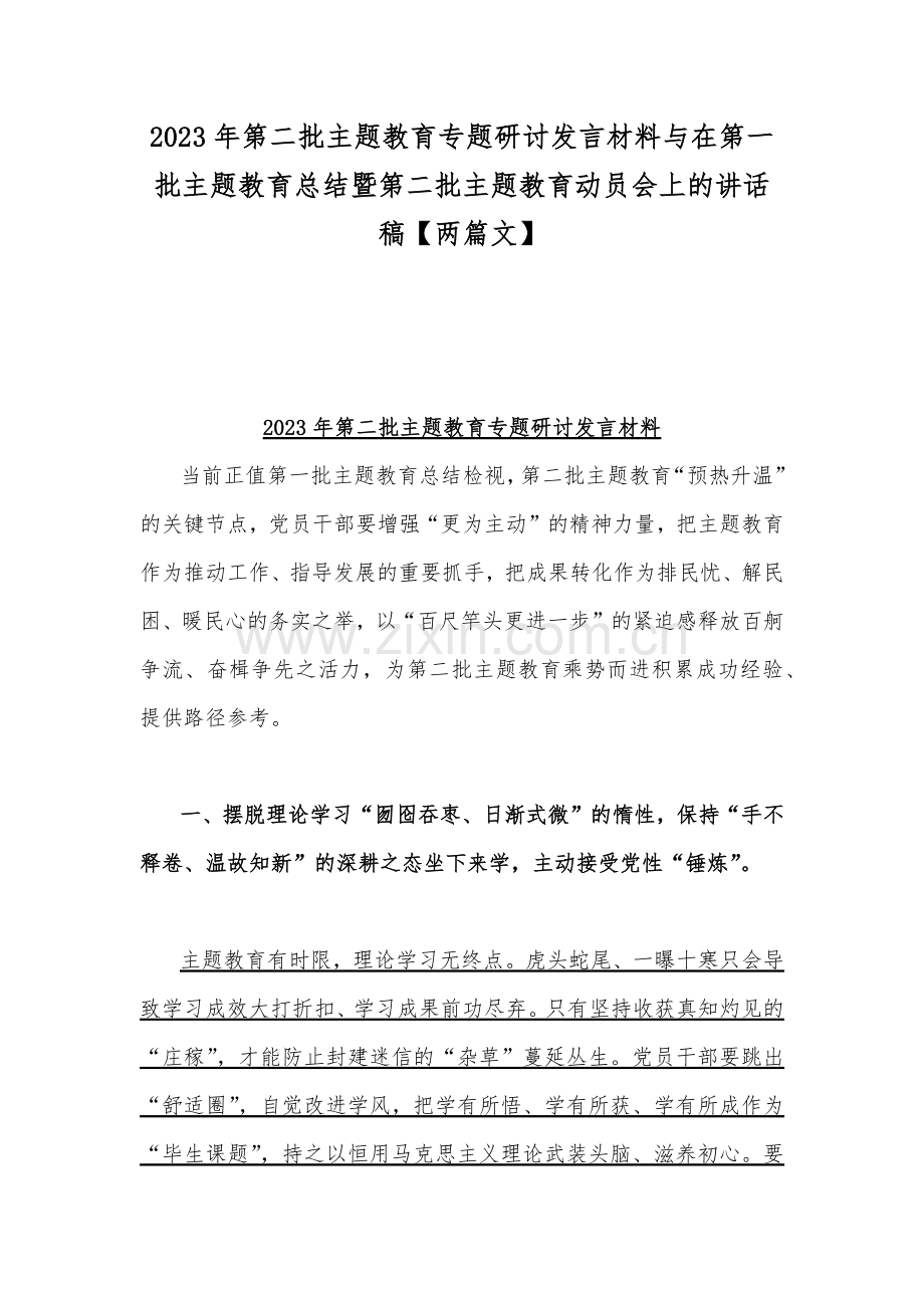 2023年第二批主题教育专题研讨发言材料与在第一批主题教育总结暨第二批主题教育动员会上的讲话稿【两篇文】.docx_第1页